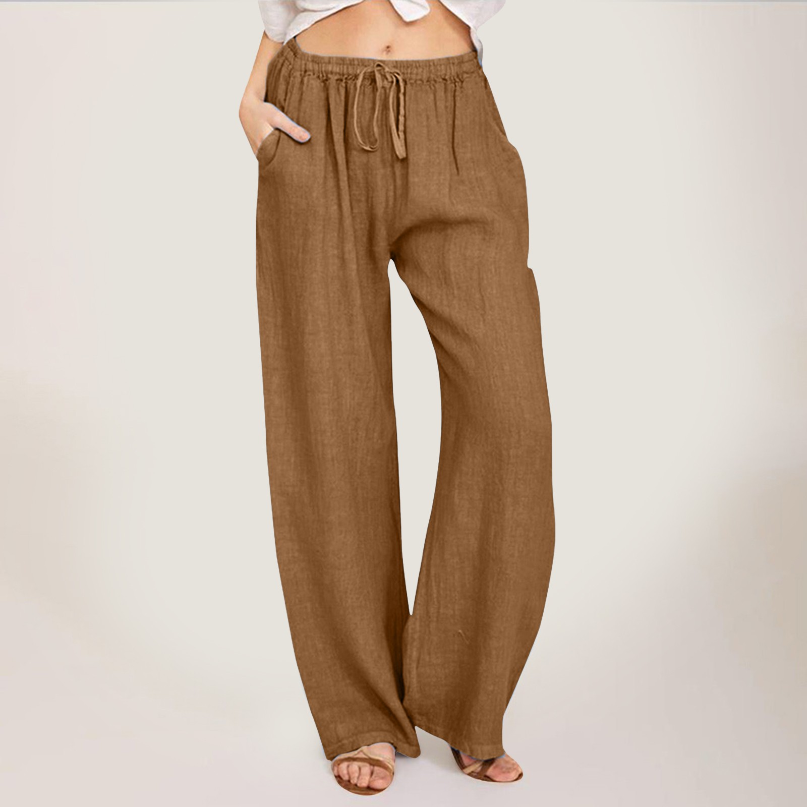 thumbnail image 2 of Pantalones anchos de cintura alta para mujer: pantalones elásticos con cordón, cómodos pantalones largos rectos con bolsillos, poliéster, para todas las ocasiones, 2 of 5
